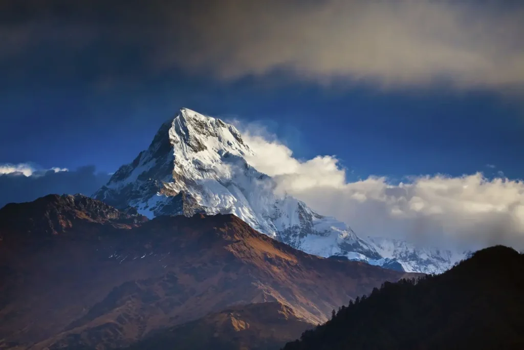 Majestic view of the Annapurna mountain range from Poon Hill during sunset.