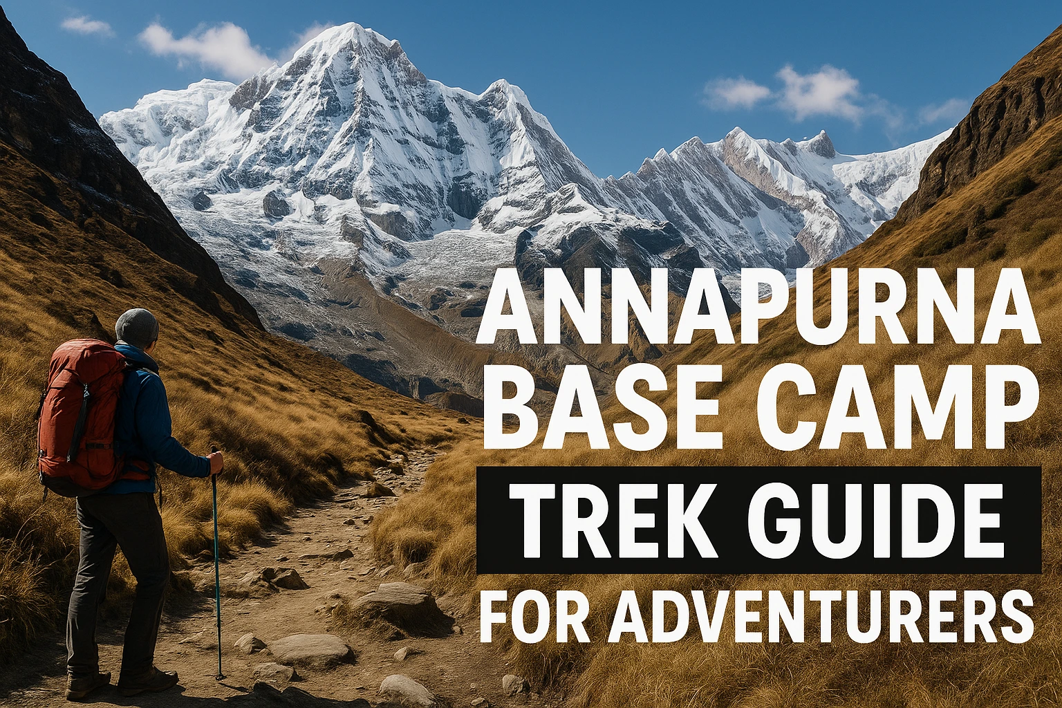 Annapurna Base Camp guide infographic with Himalayan peaks, trekking route map, and travel tips.