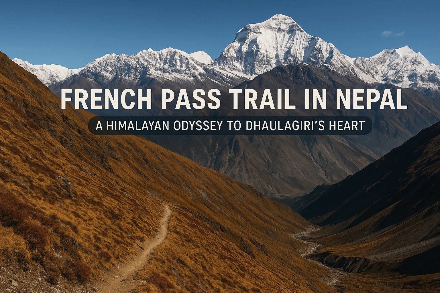 Scenic view of the French Pass Trail in Nepal with Dhaulagiri mountain in the background under a clear blue sky.