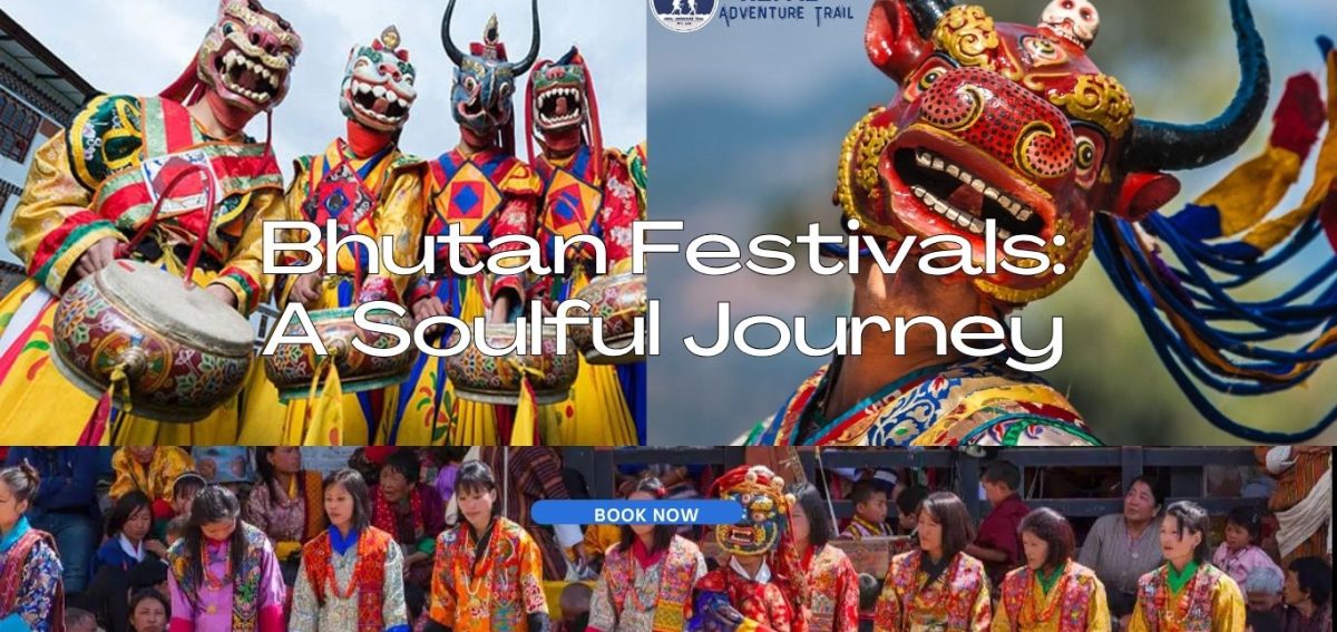 A panoramic view of a vibrant Bhutanese Tshechu festival, featuring colorful masked dancers and a celebratory crowd in traditional attire against a majestic mountain backdrop.