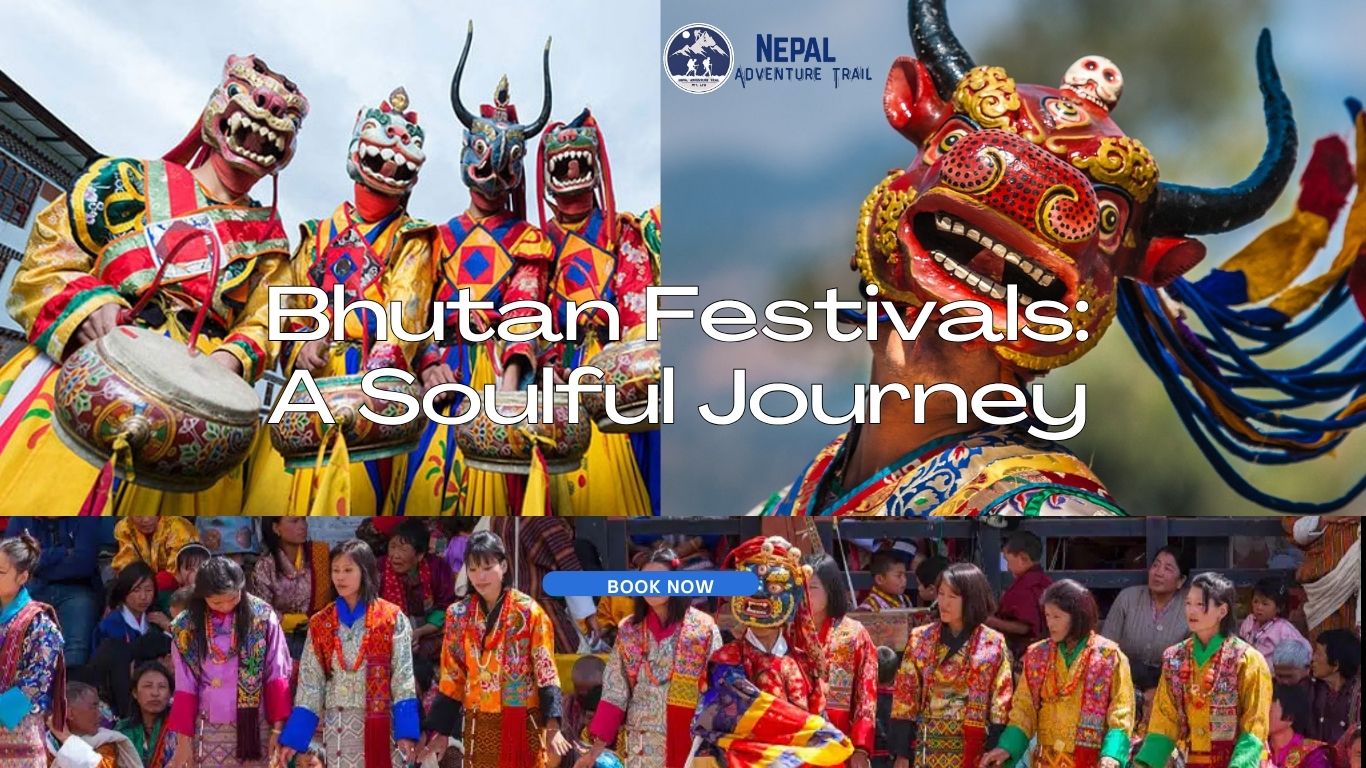 A panoramic view of a vibrant Bhutanese Tshechu festival, featuring colorful masked dancers and a celebratory crowd in traditional attire against a majestic mountain backdrop.