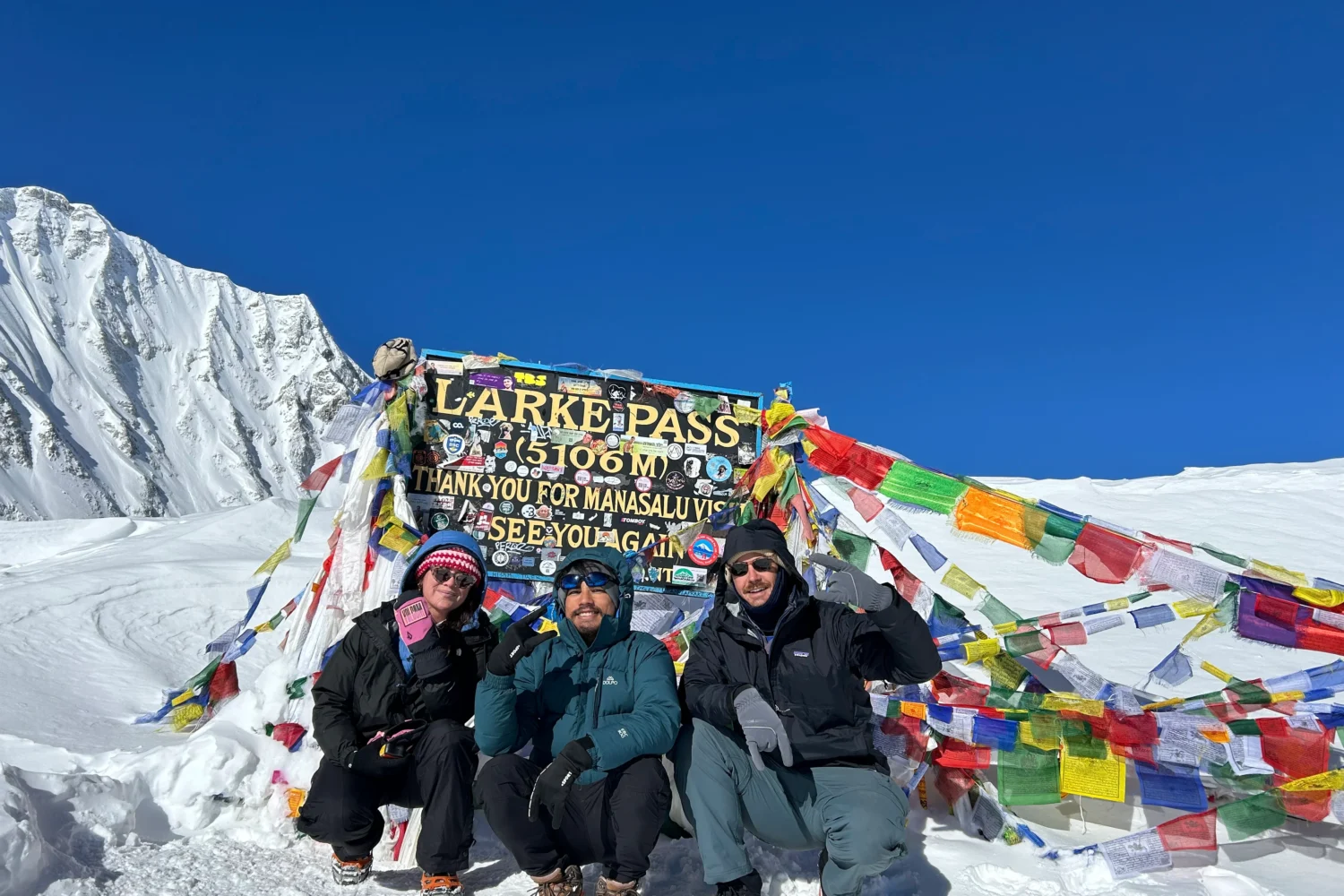Finally our guest and guide reached to larke la pass during manaslu circuit trek.