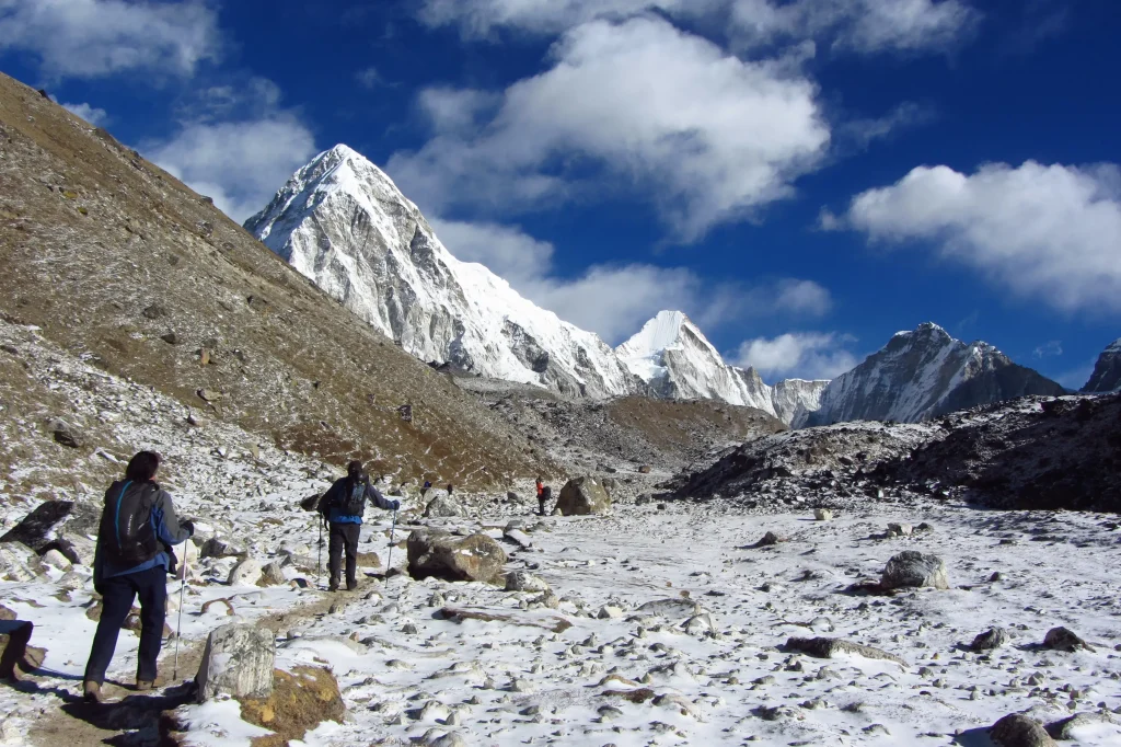 Group trekking on Mt. Everest Base Camp Trips – hikers navigating Himalayan trails together.