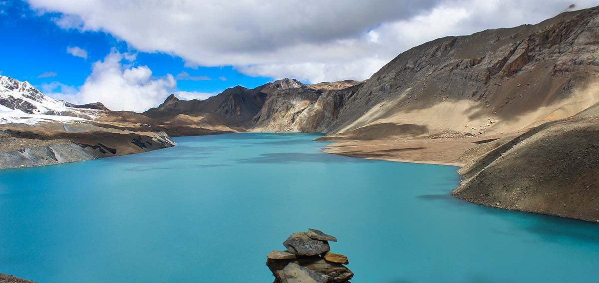 Panoramic view of Tilicho Lake on the Annapurna Circuit Trek with Tilicho Lake in Nepal