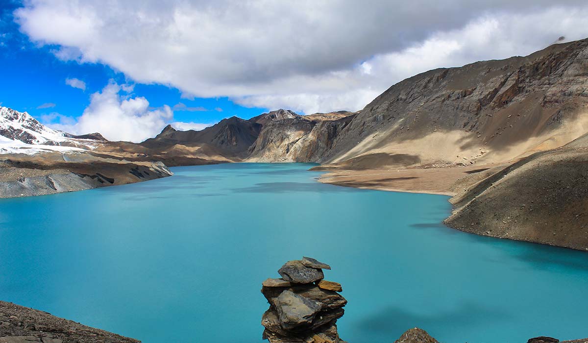 Panoramic view of Tilicho Lake on the Annapurna Circuit Trek with Tilicho Lake in Nepal