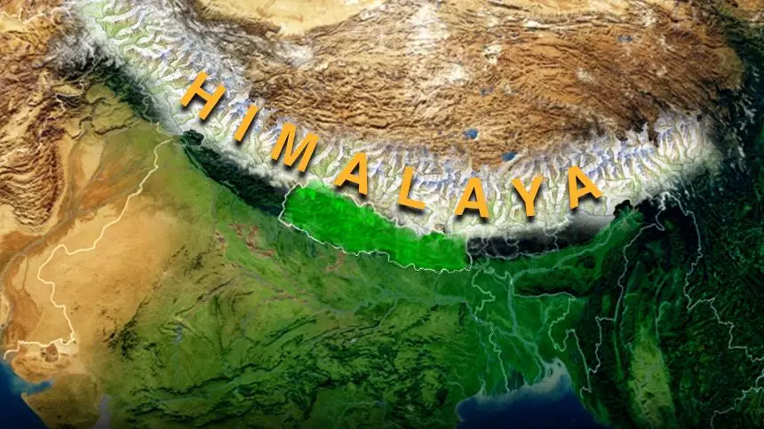 Map of the Himalayas showing Nepal, the Himalayan country known for its towering peaks and cultural diversity.