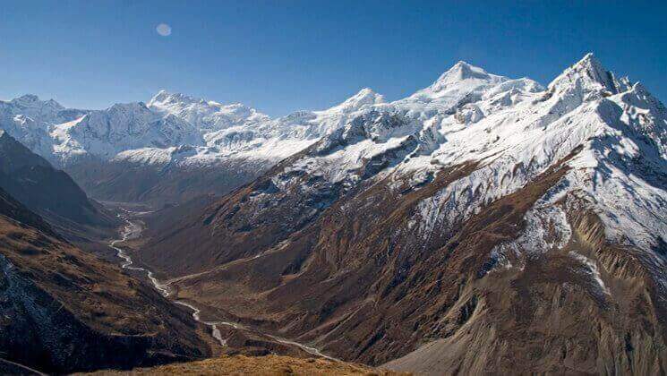 Panoramic mountain view from the Tsum Valley Trek trail in the Manaslu region of Nepal.