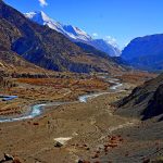 An overview of the Manang Valley in Nepal, featuring the snow-capped Annapurna peaks and the Marsyangdi River.
