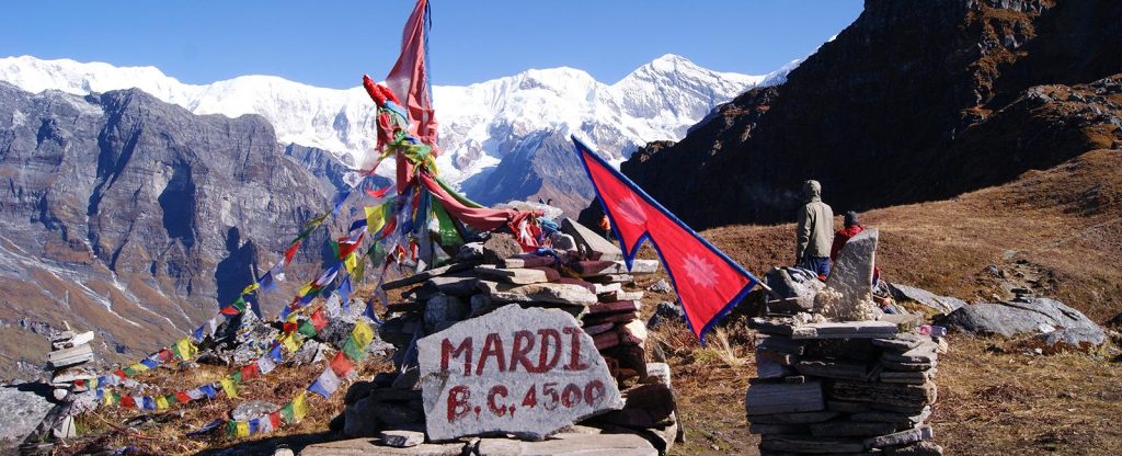 Mardi Himal Trek Base Camp with panoramic views of Machhapuchhre, Annapurna South, and surrounding Himalayan peaks