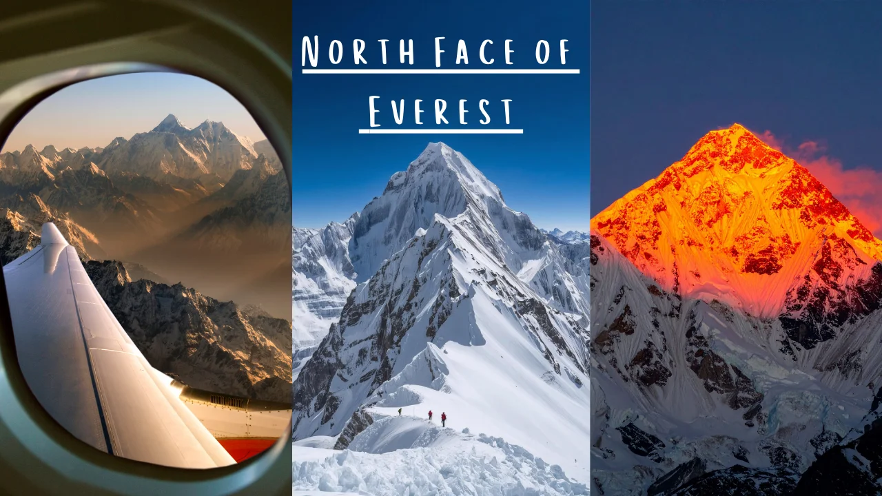 Panoramic view of the North Face of Mount Everest with snowy peaks and ridges