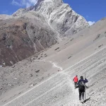challenging trek in nepal Group of trekkers walking together along a rugged Himalayan trail during one of the challenging treks in Nepal.