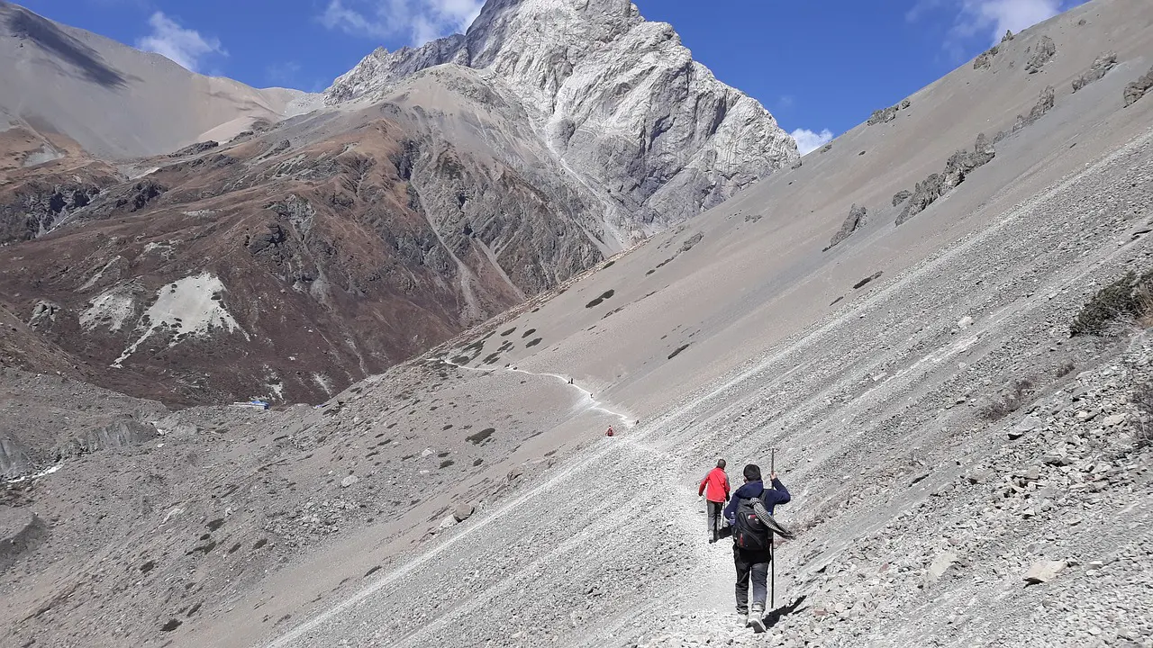 challenging trek in nepal Group of trekkers walking together along a rugged Himalayan trail during one of the challenging treks in Nepal.