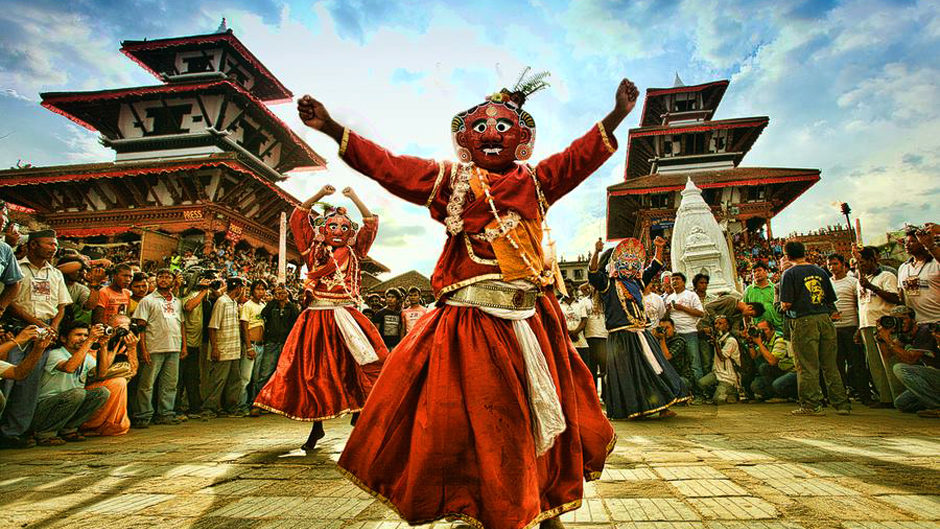 Lakhey dancer performing during Indra Jatra as part of a Kathmandu Festival Tour in the historic streets of Kathmandu