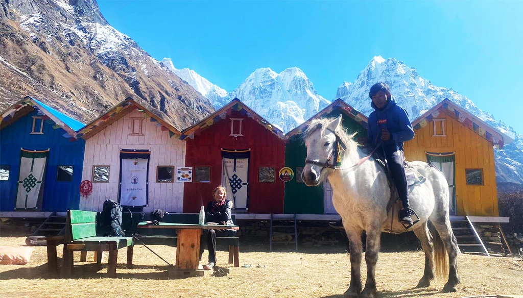 Trekkers walking with local guide on horseback along remote trails during Kanchenjunga Circuit Trek, showcasing off-the-beaten-path trekking in Nepal