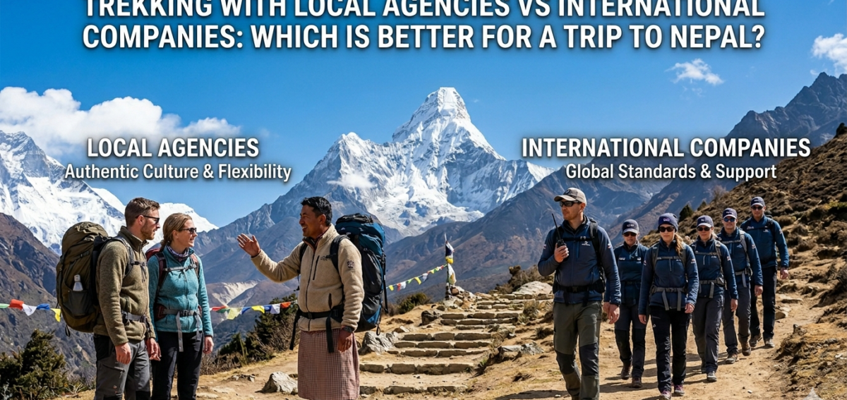 Local Agencies vs International Companies Trekking in the Himalayas with mountain views, representing trekking with local agency vs international company in Nepal
