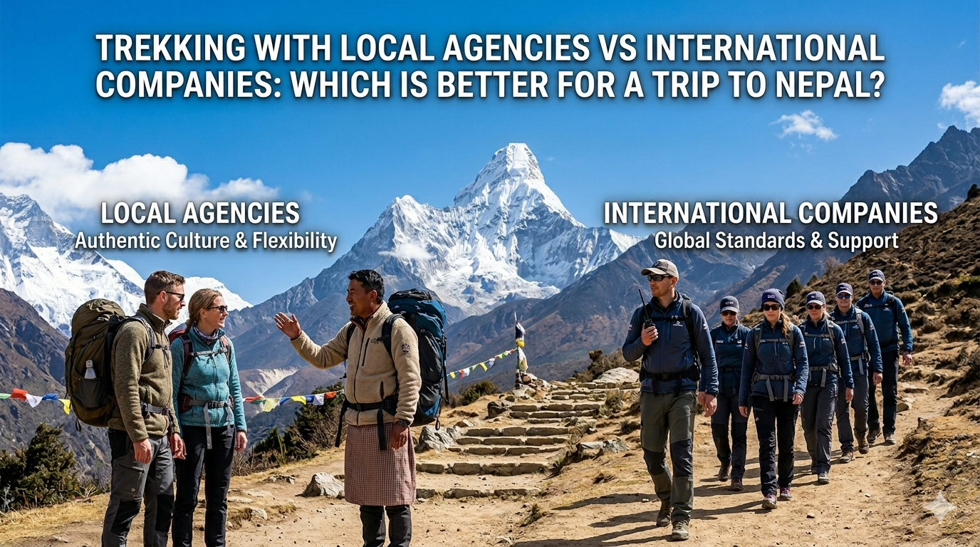 Trekking in the Himalayas with mountain views, representing trekking with local agency vs international company in Nepal