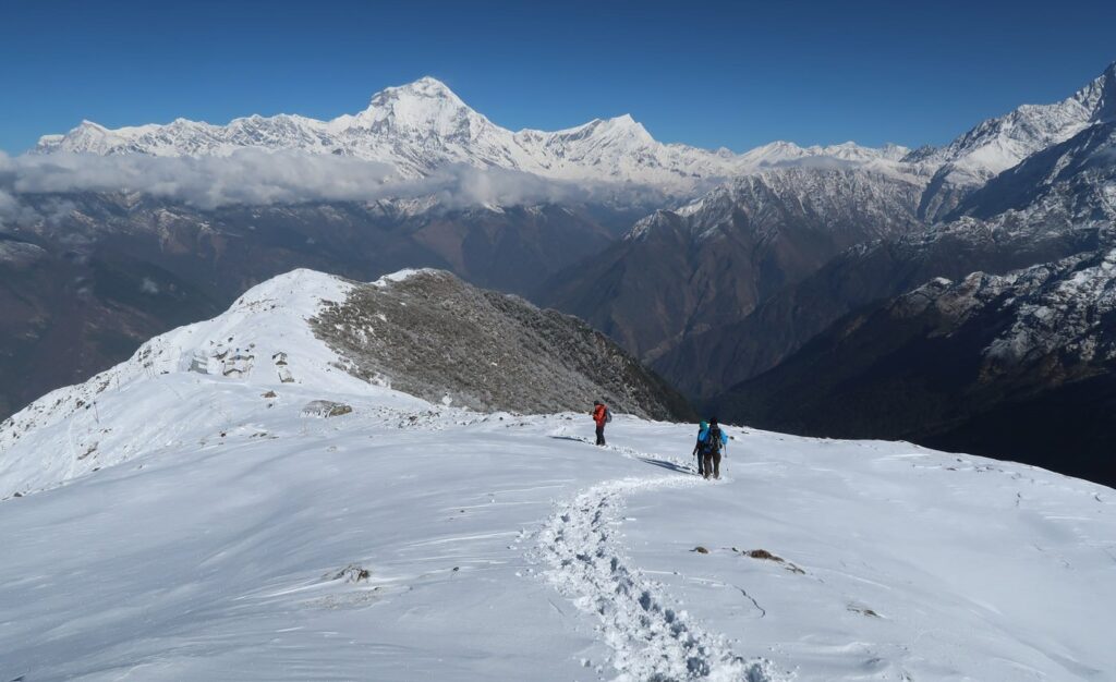 Khopra Ridge trek in winter with snow-covered trails and mountain views, showcasing off seasons trekking in Nepal