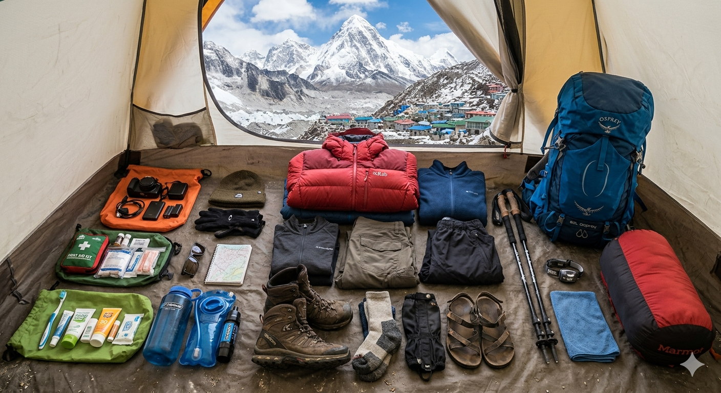 Everest Base Camp Trek packing list with Himalayan trekking gear including hiking boots for Everest, down jacket, backpack, sleeping bag for EBC, and trekking essentials packed for high-altitude trekking in Nepal