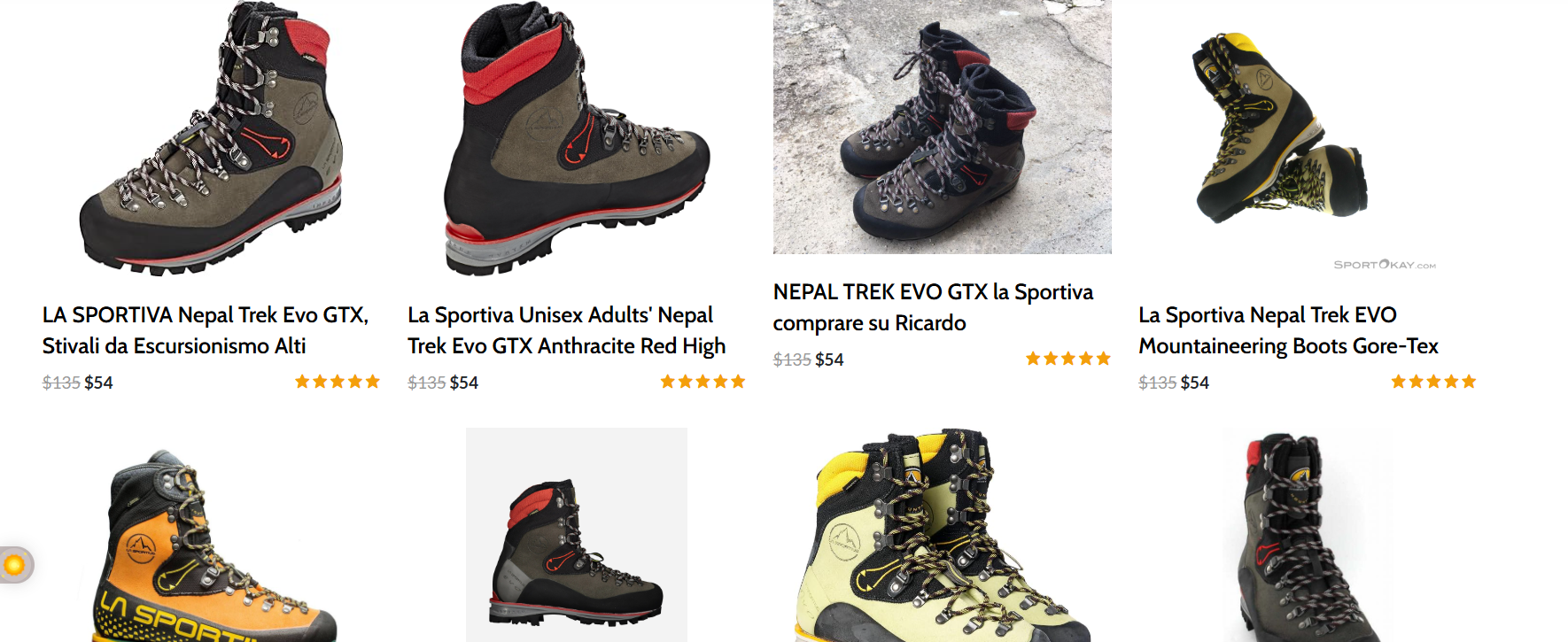 Screenshot showing La Sportiva Nepal Trek EVO GTX price listing for high-altitude hiking footwear and premium Nepal trekking gear online