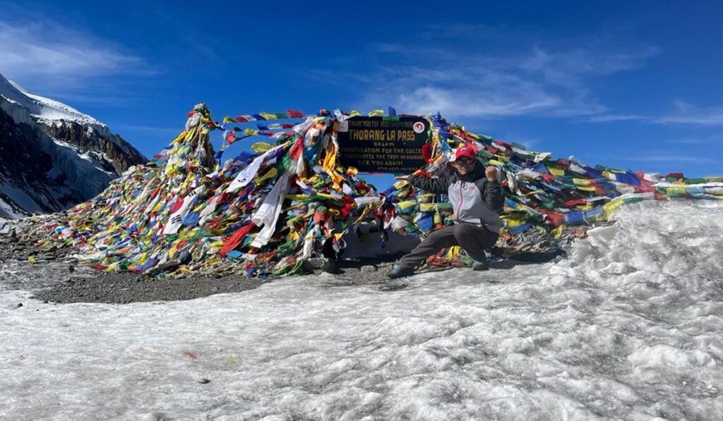Thorong La Pass on the Annapurna Circuit during Annapurna trekking at 5,416 meters altitude