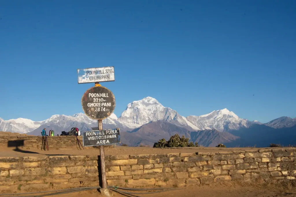 Wooden Poon Hill signboard at 3,210 meters with the Annapurna mountain range visible in the background during sunrise.