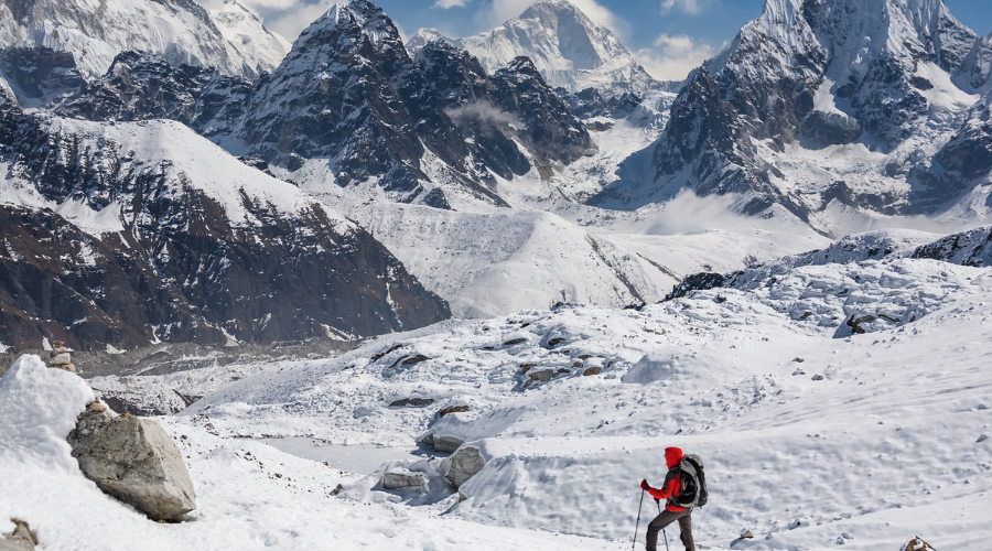Three Passes Trek Nepal Snowy Trails with Trekker in the Everest Region