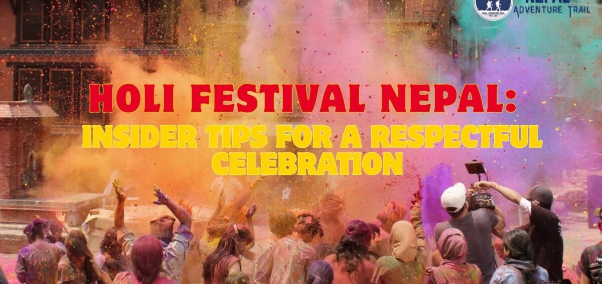 Holi Festival Nepal (1) A group of friends laughing and covered in colorful powder during a high-energy Holi festival celebration in Nepal.