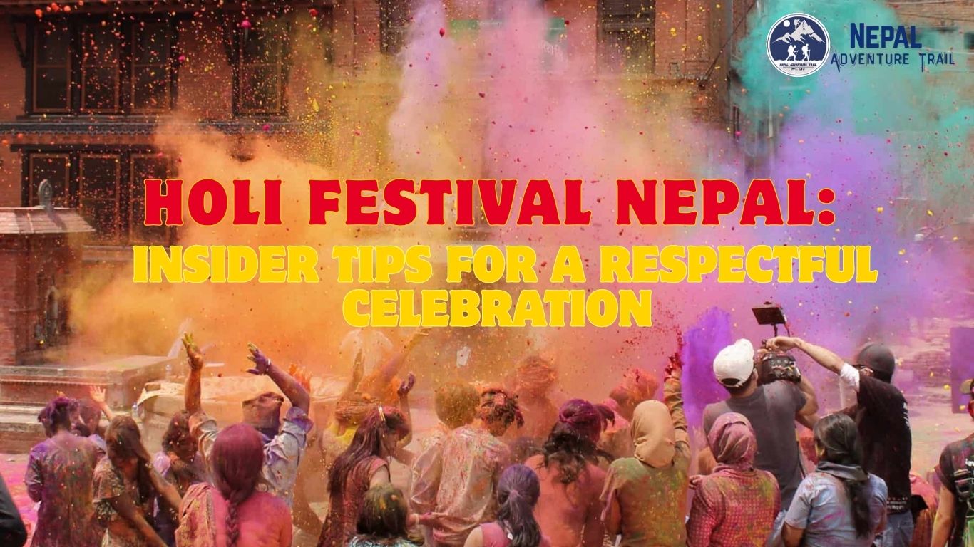Holi Festival Nepal (1) A group of friends laughing and covered in colorful powder during a high-energy Holi festival celebration in Nepal.