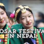 Women performing a traditional dance during the Losar festival celebrations in Kathmandu.