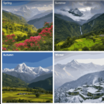 A four-part collage showcasing Nepal across the seasons: clear Everest views in autumn, snowy landscapes in winter, blooming rhododendrons in spring, and lush valleys in monsoon, illustrating the diverse best time to visit Nepal.