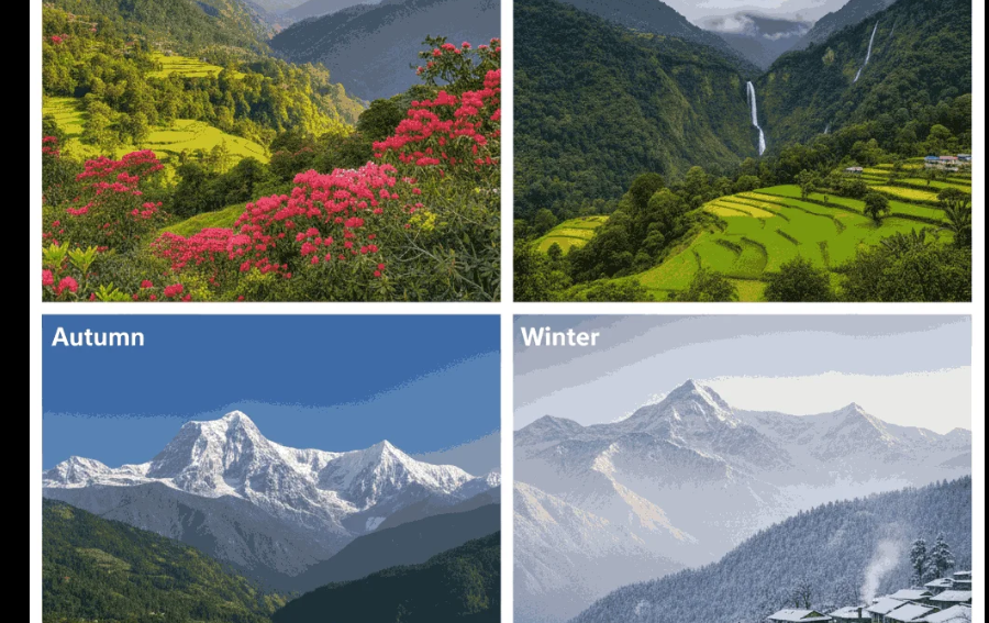 Screenshot 2026-07-07 172551 A four-part collage showcasing Nepal across the seasons: clear Everest views in autumn, snowy landscapes in winter, blooming rhododendrons in spring, and lush valleys in monsoon, illustrating the diverse best time to visit Nepal.