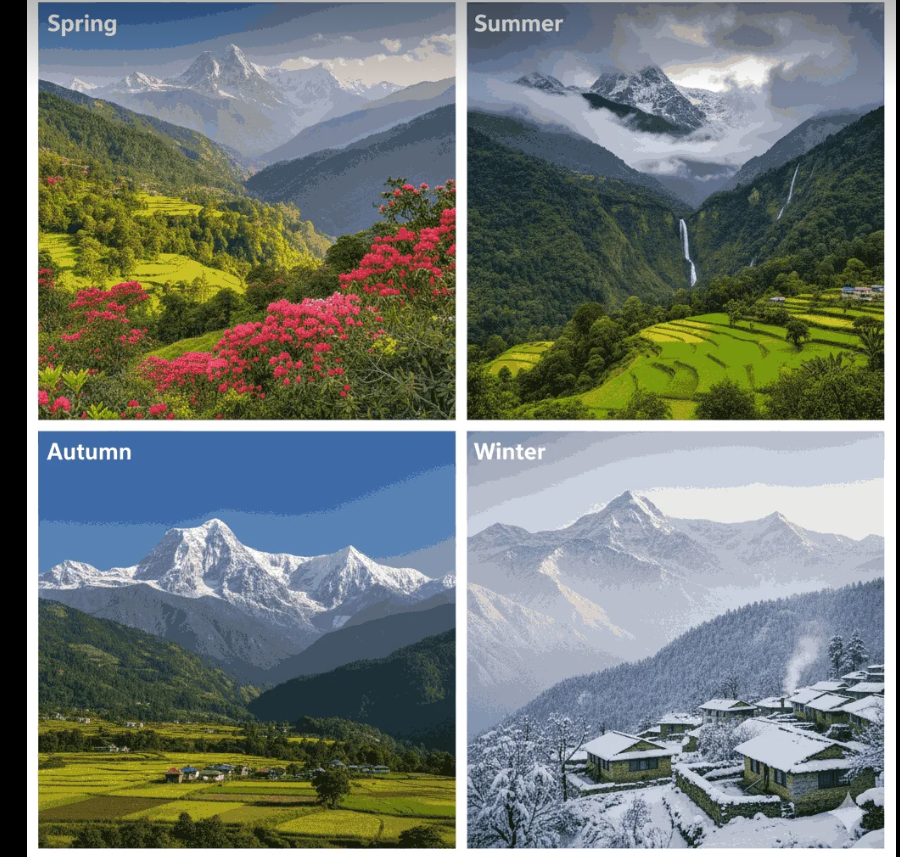 A four-part collage showcasing Nepal across the seasons: clear Everest views in autumn, snowy landscapes in winter, blooming rhododendrons in spring, and lush valleys in monsoon, illustrating the diverse best time to visit Nepal.