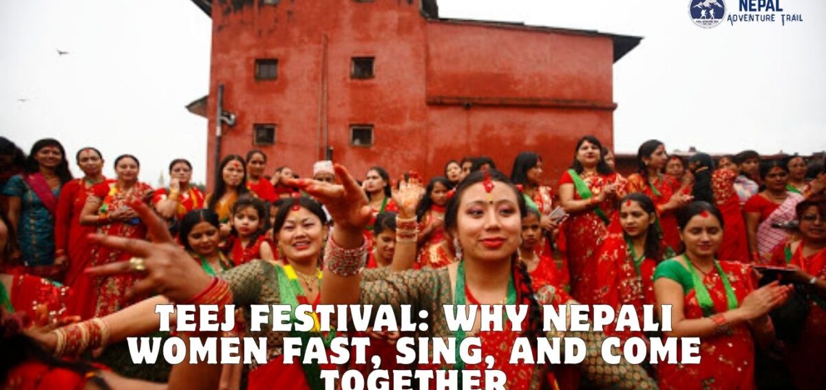 Teej Festival Nepal Nepali women dancing and celebrating in traditional red saris during the Teej festival.