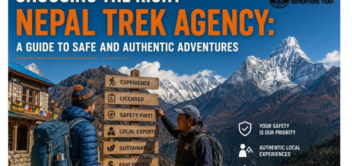Nepal Trek Agency A trekking guide from a licensed Nepal Trek Agency helping a hiker on a Himalayan trail with mountains and teahouses in the background.