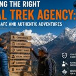A trekking guide from a licensed Nepal Trek Agency helping a hiker on a Himalayan trail with mountains and teahouses in the background.