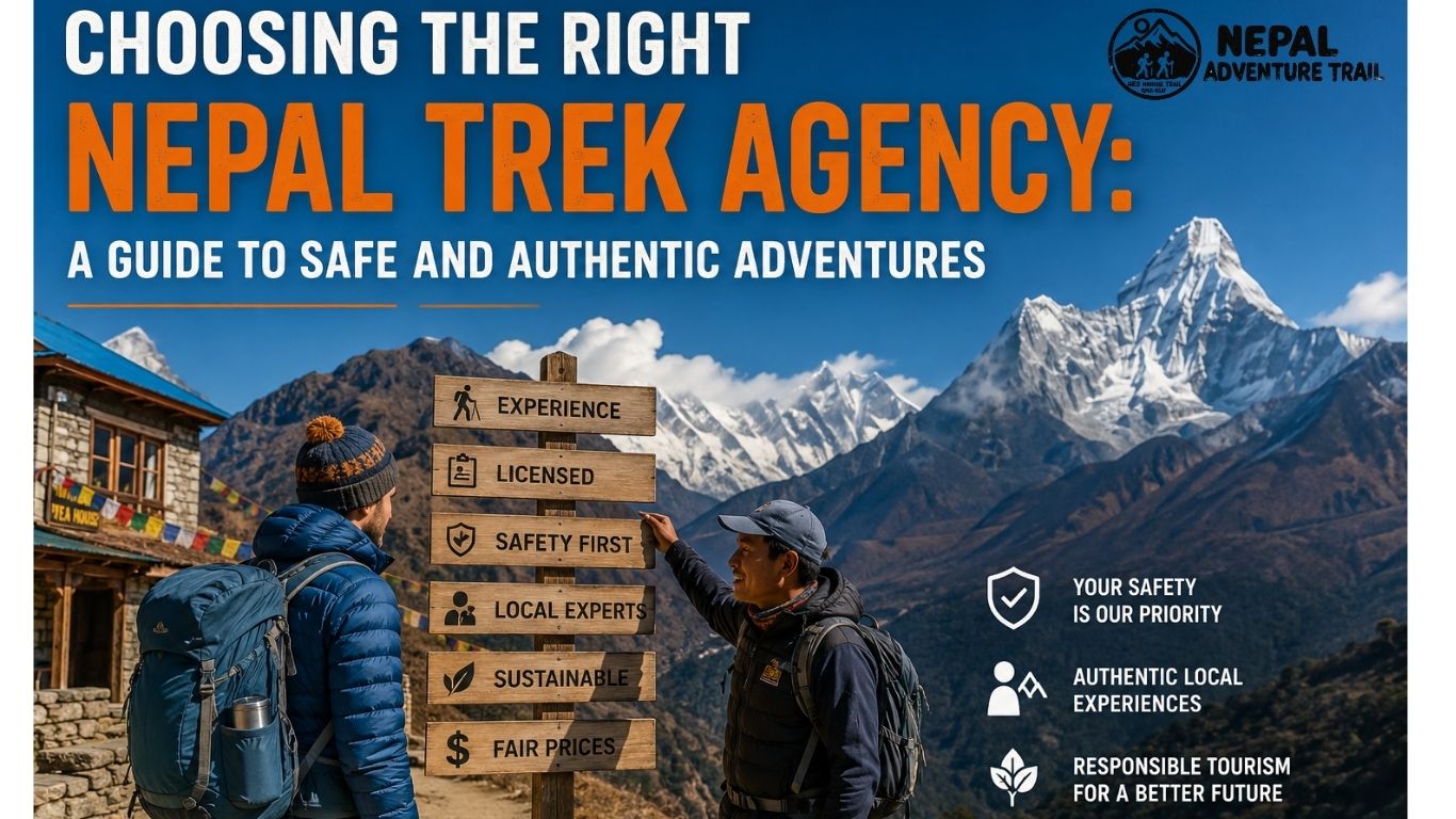 Nepal Trek Agency A trekking guide from a licensed Nepal Trek Agency helping a hiker on a Himalayan trail with mountains and teahouses in the background.