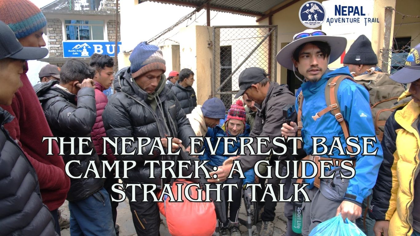 Mountain guide at Lukla airport starting Everest Base Camp trek Professional mountain guide checking trekker equipment at the Lukla airport before starting the Nepal Everest Base Camp trek.