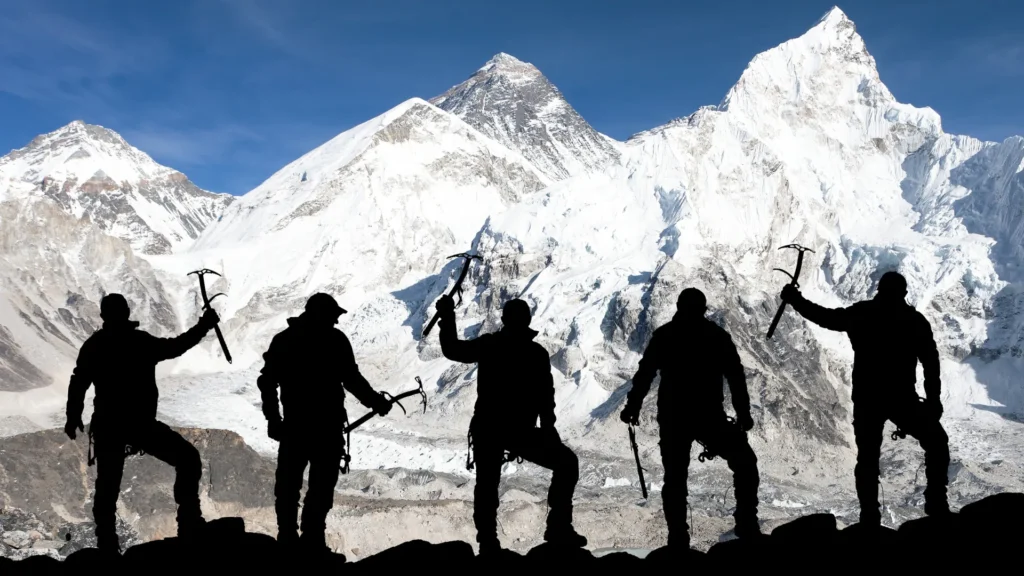 Khumbutse (Left), Everest’s West Shoulder (Center Foreground), Mount Everest (True Summit), Nuptse (Right) HD Photo