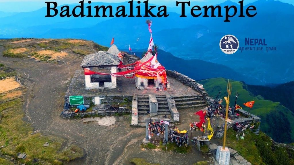 The remote Badimalika temple shrine perched on a high-altitude ridge overlooking the Bajura district during the Badimalika trek in Far-Western Nepal.