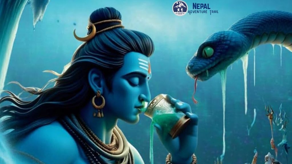 Traditional painting of Lord Shiva drinking poison during the Samudra Manthan myth, explored by pilgrims and hikers on the Gosaikunda trek.
