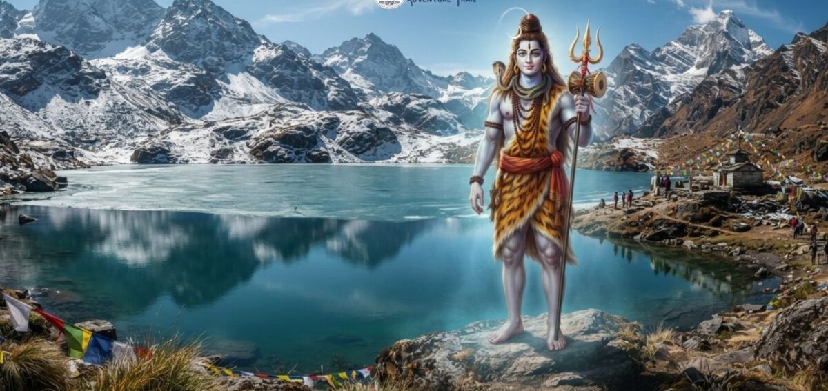 Gosaikunda and Lord Shiva (1) A divine manifestation of Lord Shiva standing by the sacred Gosaikunda Lake in the Himalayas, a key spiritual site for the Gosaikunda Janai Purnima trek.