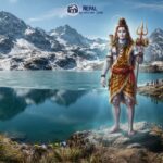 A divine manifestation of Lord Shiva standing by the sacred Gosaikunda Lake in the Himalayas, a key spiritual site for the Gosaikunda Janai Purnima trek.