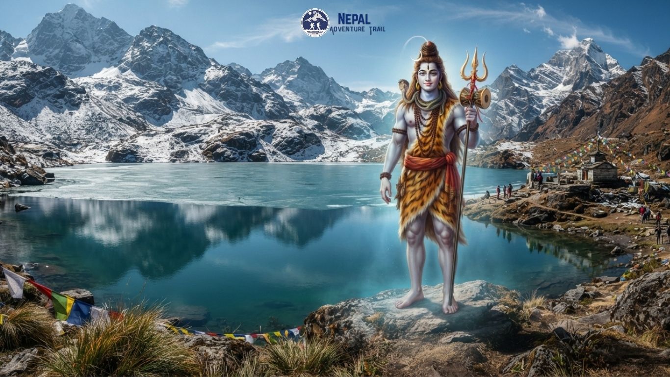 Gosaikunda and Lord Shiva (1) A divine manifestation of Lord Shiva standing by the sacred Gosaikunda Lake in the Himalayas, a key spiritual site for the Gosaikunda Janai Purnima trek.