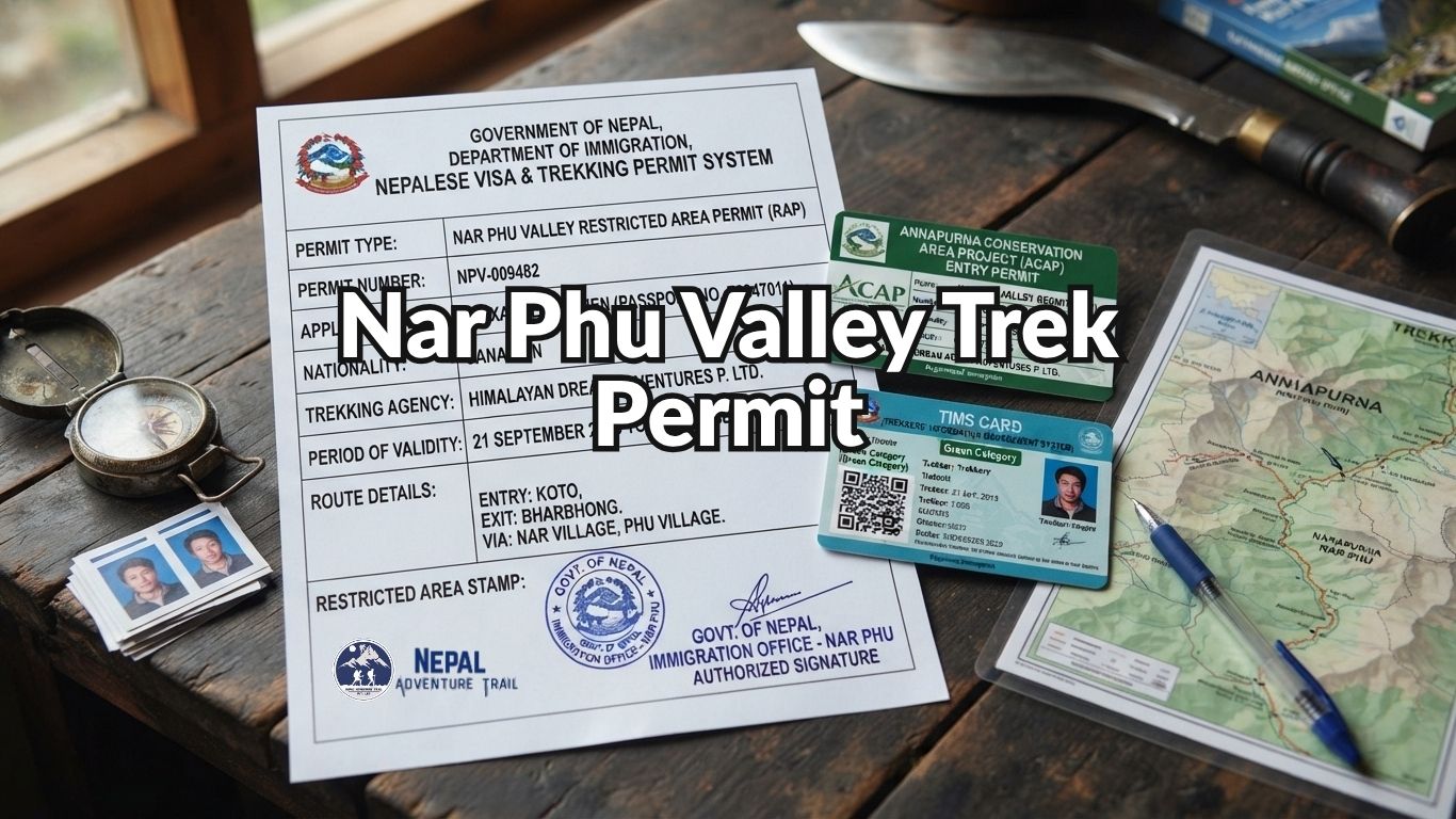 An official Nepal Government Restricted Area Permit document for the Nar Phu Valley trek, featuring applicant details, validity dates, and official stamps.