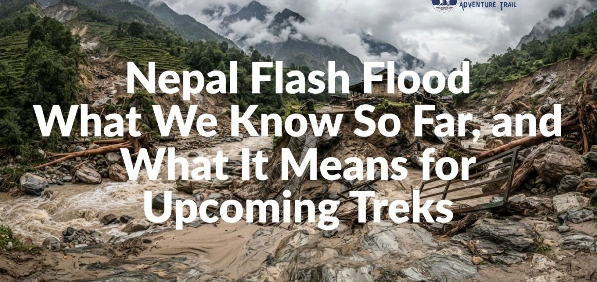 Nepal Flash Flood A massive gray debris flow and swollen river cutting through the steep V-shaped valley of the Trishuli river corridor during the Rasuwa flash flood.
