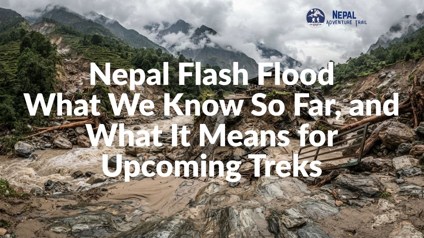 Nepal Flash Flood A massive gray debris flow and swollen river cutting through the steep V-shaped valley of the Trishuli river corridor during the Rasuwa flash flood.