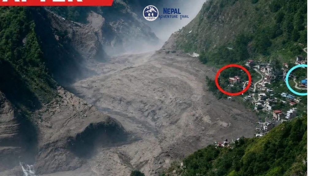 Silt-covered river banks and rebuilt stone walls in Syabrubesi following the Rasuwa flash flood along the Langtang trekking route.