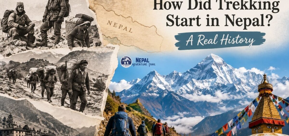 How Did Trekking Start in Nepal A Real History Trekking Start in Nepal shown through historic mountain expeditions, porters, Himalayan trails, and modern trekkers