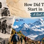Trekking Start in Nepal shown through historic mountain expeditions, porters, Himalayan trails, and modern trekkers