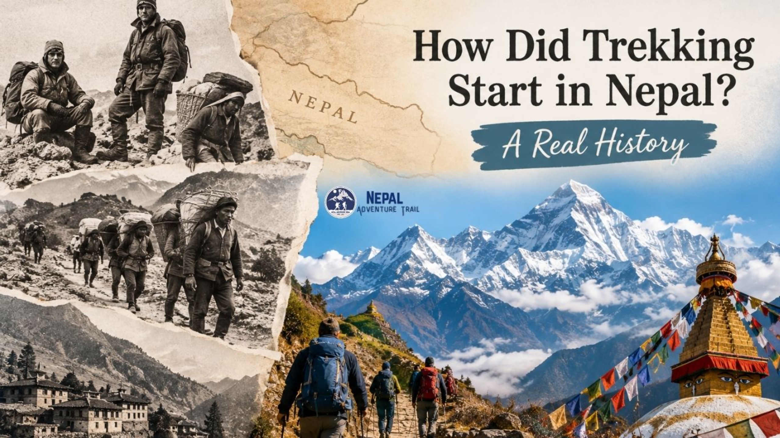 Trekking Start in Nepal shown through historic mountain expeditions, porters, Himalayan trails, and modern trekkers